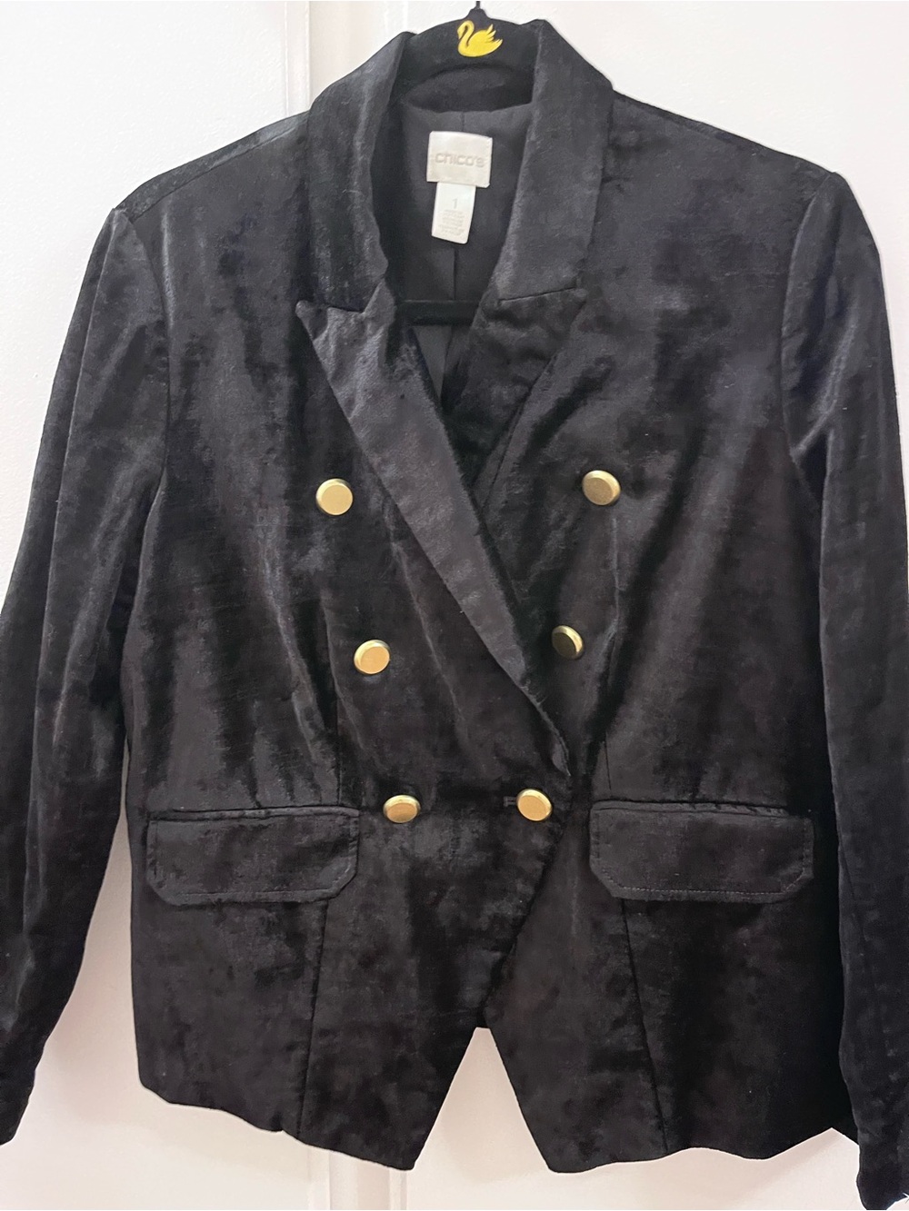 Chico's Black Crushed Velvet Double-Breasted Blazer & Gold Buttons Sz 1 (8-10)